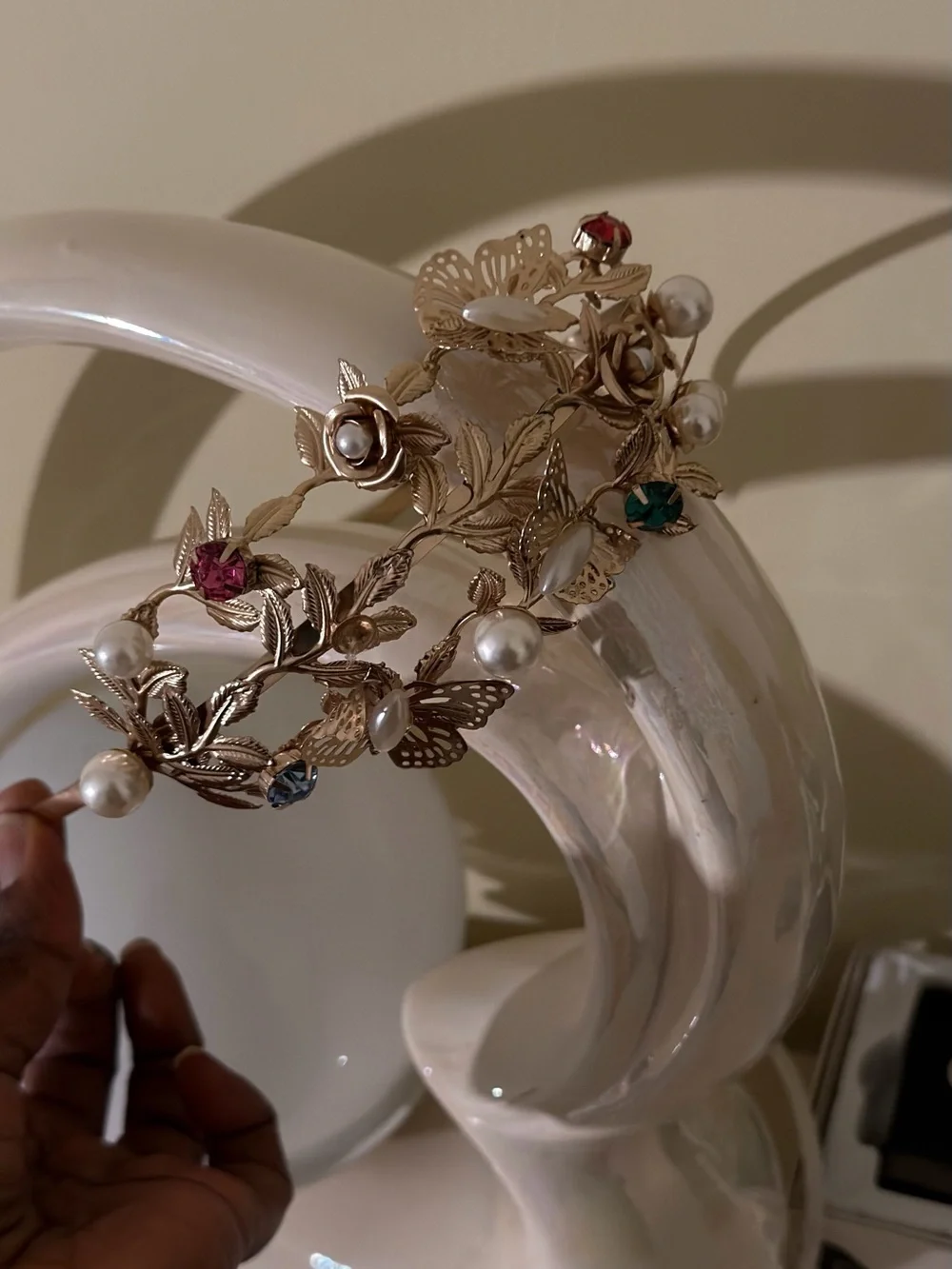 Gold-Tone Floral Pearl Headband with Multicolor Gem Accents. Head Coronet
